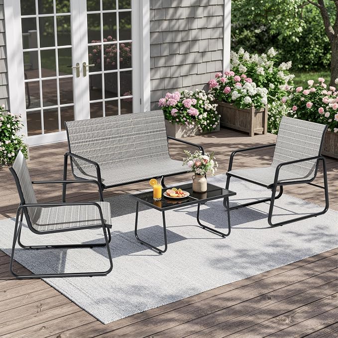 Kullavik 4-Piece Outdoor Patio Furniture Set,Textilene Patio Conversation Set with Loveseat,2 Single Chairs,Glass Coffee Table for Garden,Lawn,Balcony,Poolside,Brown