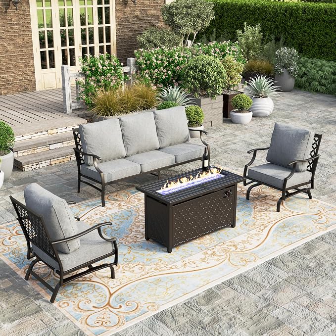 HERA'S HOUSE 4 Pieces Patio Furniture Set with Fire Pit Table, 2 x Rocking Chair, 3-Seat Sofa with 45" Fire Pit Table, Outdoor Conversation Set for Garden Poolside Backyard, Grey