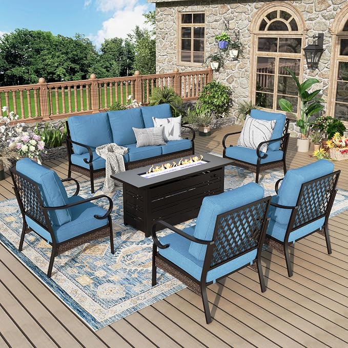 MIXPATIO Patio Furniture Set with Fire Pit Table, Metal Outdoor Conversation Set with 5.75'' Extra Thick Cushion, 4 Leg Chairs, 3-Seat Sofa and Gas Fire Pit Table, Navy Blue