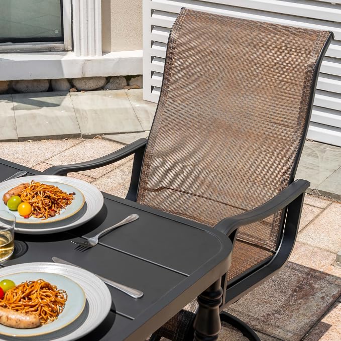 NUU GARDEN 7 Pieces Outdoor Metal Dining Set, Patio Metal Dining Set of 6 Textilene Swivel Chairs and 1 Rectangular Table with Umbrella Hole, Slatted Tabletop and Powder-Coated Frame, Black and Brown