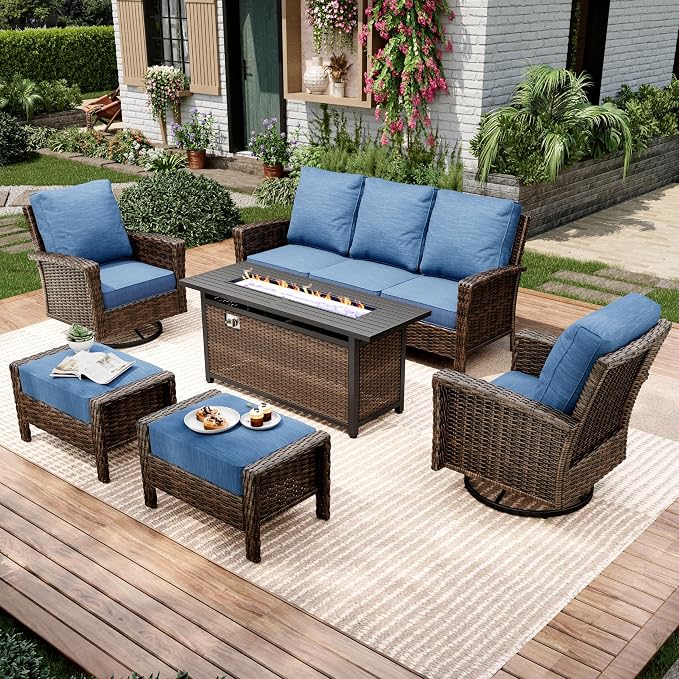 Outdoor Patio Furniture Set, 5 Pics Wicker Rattan Sectional Sofa Patio Conversation Set with Fire Pit Table & Ottoman & Swivel Chair, High Back 3 Seater Sofa with 5.5'' Thick Cusions, Navy Blue
