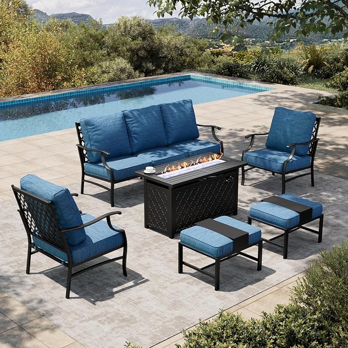 HERA'S HOUSE 6 Pieces Patio Furniture Set with Fire Pit Table, 2 x Single Chair, 2 x Ottoman, 3-Seat Sofa with 45" Fire Pit Table, Outdoor Conversation Set for Garden Poolside Backyard, Pacific Blue