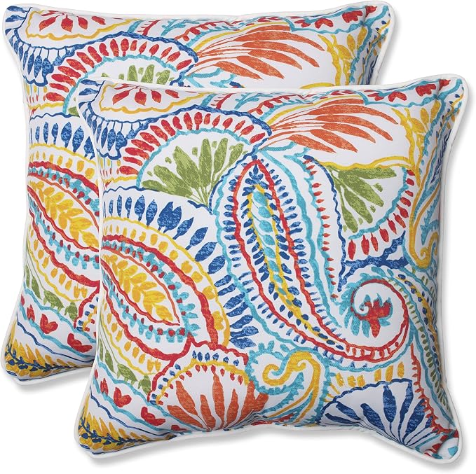 Pillow Perfect Paisley Indoor/Outdoor Accent Throw Pillow, Plush Fill, Weather, and Fade Resistant, Large Throw - 18.5" x 18.5", Blue/Multi Ummi, 2 Count