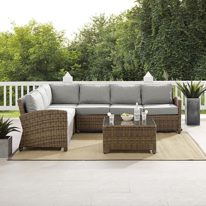 Crosley Furniture Bradenton 5-Piece Outdoor Sectional Sofa Wicker Conversation Patio Furniture Set for Deck, Brown with Gray Cushions