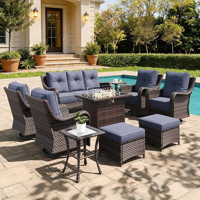 10 Pieces Outdoor Furniture Set with 6-inch Cushions, High Back Wicker Swivel Rocker Chairs with Fire Pit Table, Luxury Conversation Set for Deck Patio and Poolside