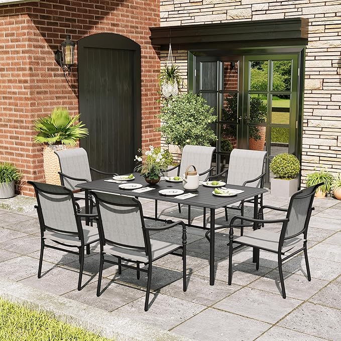 MIXPATIO 7 Pieces Outdoor Table and Chairs, Patio Dining Set for 6, 6 x Textilene Dining Chairs, Rectangular Outdoor Dining Table with Umbrella Hole for Lawn Garden Backyard Deck, Grey