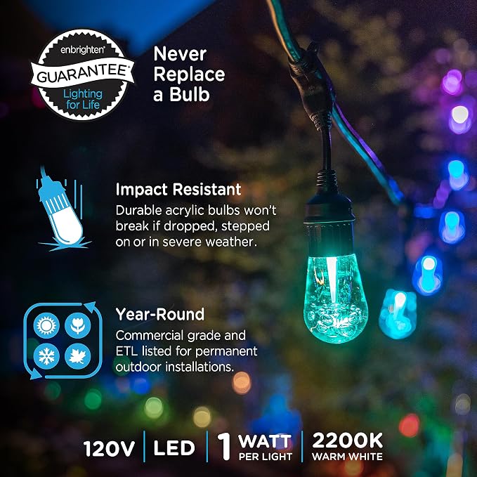 Enbrighten Vintage Outdoor String Lights, 24ft, 12 Bulbs, Remote Control | Coloring Changing LEDs, Weatherproof, Shatterproof Acrylic Bulbs, Drop Cord, Easy Install Keyholes, Linkable up to 750ft