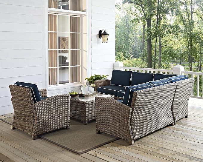 Crosley Furniture Bradenton 5-Piece Outdoor Sectional Sofa Wicker Conversation Patio Furniture Set for Deck, Brown with Navy Cushions