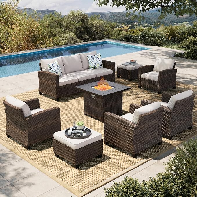 HERA'S HOUSE 8 Pieces Wicker Patio Furniture Set with Fire Pit Table, 4 x Single Chair, 2 x Ottoman, 3-Seat Sofa and 32" Fire Pit Table, Outdoor Rattan Conversation Set for Garden, Poolside, Backyard