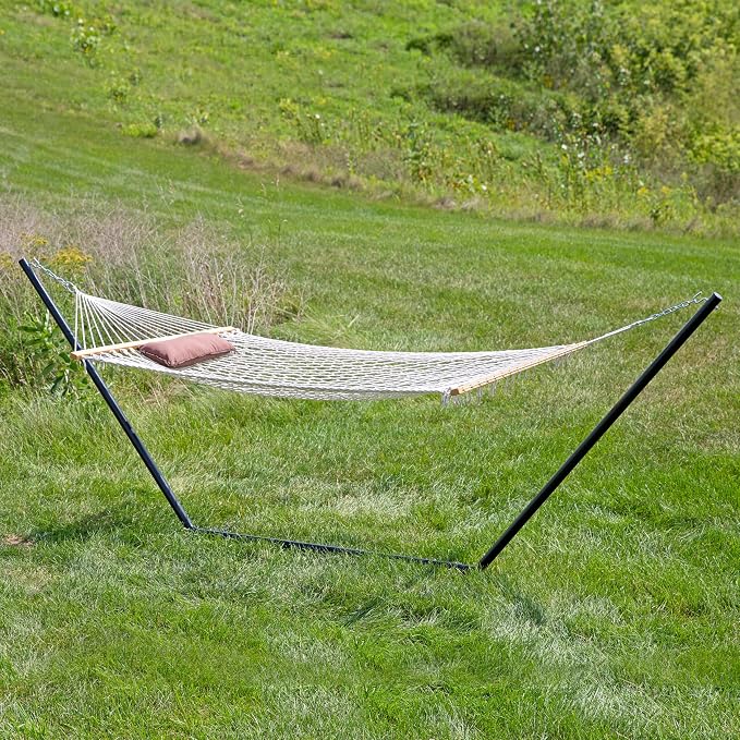 Sunnydaze Rope Double Hammock with Stand for Outside - Heavy Duty Freestanding Portable Outdoor Hammock Set with Quilted Pad, Pillow, and 12-Foot Steel Frame - 450 lb Capacity - Desert Stripe