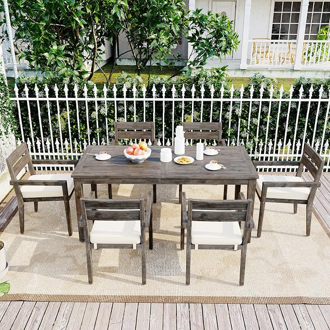 7 Piece Patio Dining Set, 70.9" Rectangular Acacia Wood Outdoor Dining Table & 6 Dining Arm Chairs with Cushion, Suitable for Outdoors and Indoors (Grey@015)