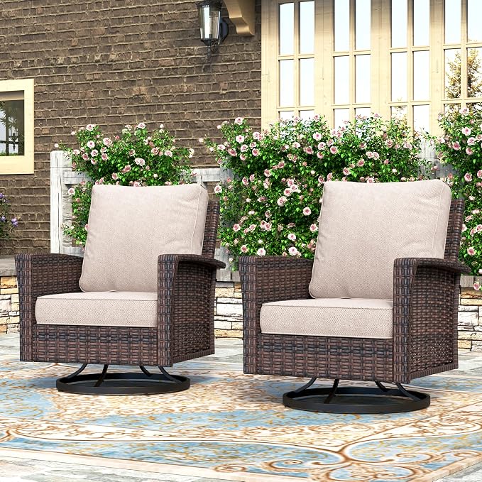 HERA'S HOUSE Outdoor Furniture, 2 x High Back Swivel Patio Chairs with 5.5" Cushions Wicker Rattan Deck Balcony Porch Furniture, Beige