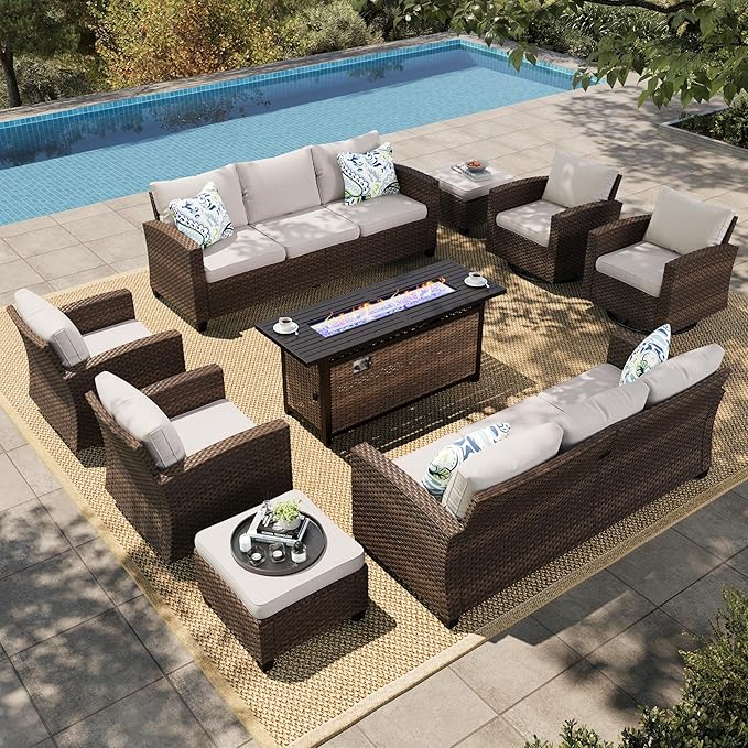 HERA'S HOUSE Swivel Glider Patio Furniture Set with Fire Pit Table, 9 Pieces Outdoor Seating Furniture Wicker Conversation Sets for Deck Backyard Lawn, Beige