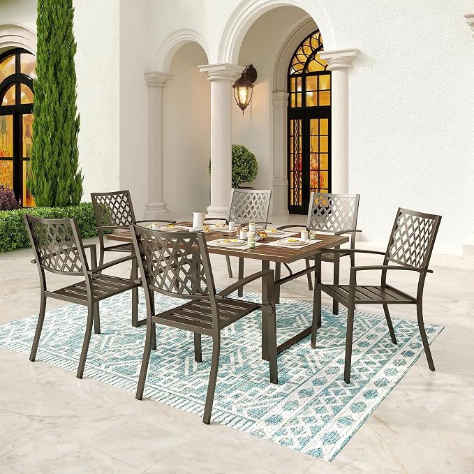 SUNSHINE VALLEY Patio Dining Set,Wood-Like Metal Table w/Umbrella Hole | 60x36 Metal Table&6 Pcs Rust-Proof Stackable Chairs, Outdoor Table and Chairs Set for Backyard Garden Deck
