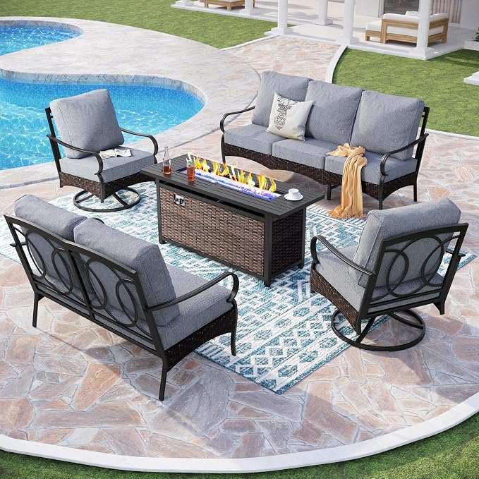 PHI VILLA Patio Furniture Set with 56" Fire Pit Table, Premium Outdoor Wicker Metal Frame Furniture with Upgraded Waterproof Thick Cushions for Porch, Poolside, Deck, and Yard （5 Pieces, Grey
