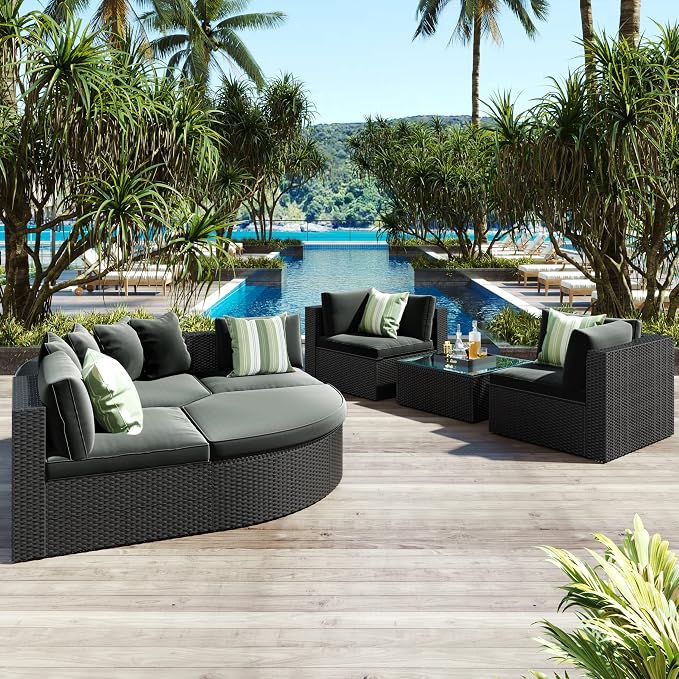 Outdoor PE Rattan Wicker Sectional Sofa Set,All Weather Conversation Lounger Set with Striped Green Pillows and Cushions, Multifunctional Combination Adapt to Any Space Gray-7-piece