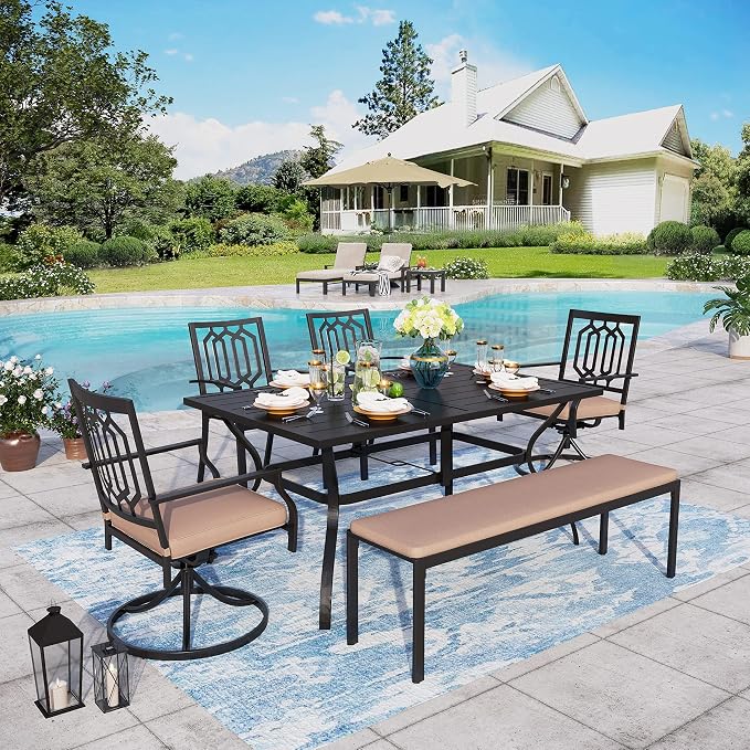 Sophia & William Patio Dining Set 6 Pieces, Swivel Patio Dining Chairs, Fixed Chairs and Bench, Large 60" Metal Dining Table, for Lawn Support 300lbs