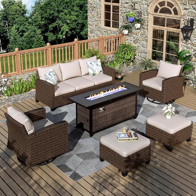 MIXPATIO Swivel Glide Outdoor Patio Furniture Set, 6 Pcs Wicker Patio Conversation Set, 2 x Swivel Chairs, 1 x 3 Seater Sofa and 2 x Ottomans with 4" Thick Cushions and 56" Fire Pit Table, Beige