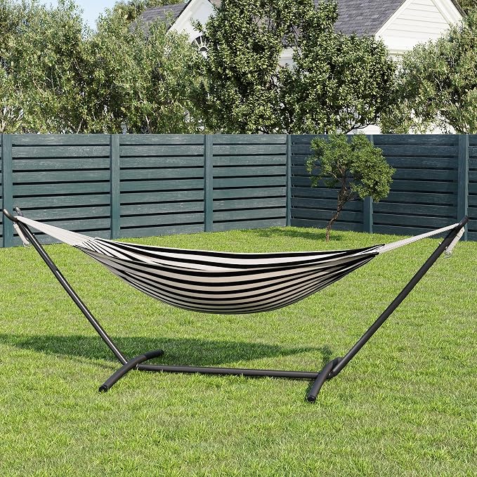 Heavy Duty Double Hammock with Steel Stand – 2 Person Cotton Hammock, 450lbs Capacity, Portable for Indoor Outdoor, Garden, Camping, Patio, with Carry Bag, Black