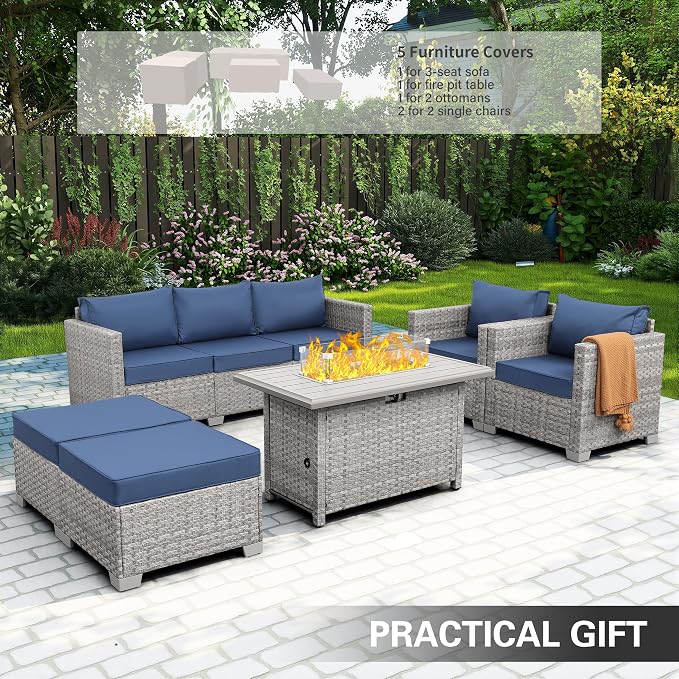 WAROOM Patio Furniture Set 6 Piece PE Rattan Outdoor Conversation Sets Grey Wicker Couch Sectional Sofa with Fire Pit Table and Navy Blue Cushion