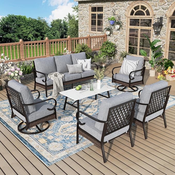 MIXPATIO Patio Furniture Set with Coffee Table, Outdoor Conversation Set with 2 x Fixed Chairs, 2 x Swivel Chairs, 1 x 3-Seat Sofa for Lawn Garden Backyard, Grey