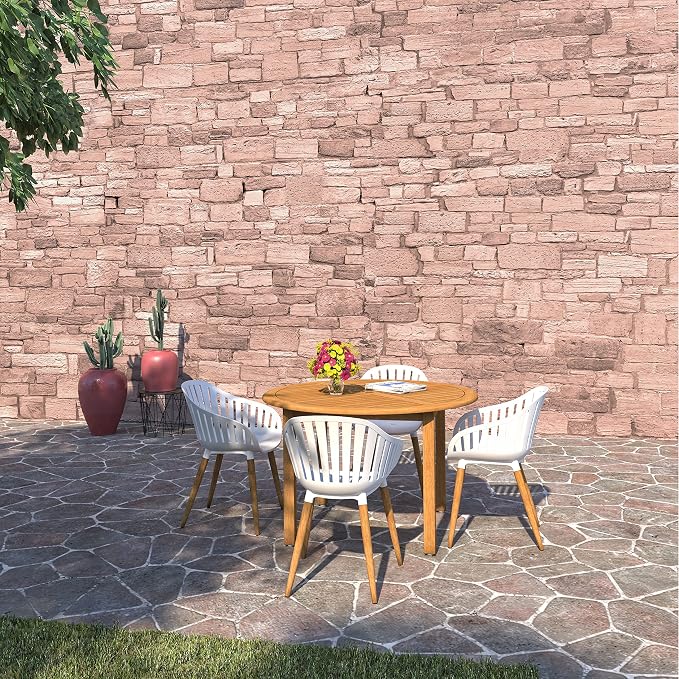 Urban Elements Nature 5-Piece Wood Patio Furniture Set | Teak Finish 100% FSC Eucalyptus | Backyard, Outside Table and Chairs, Round Outdoor Dining Set for 4, Patio Dining Set for 4 (White)