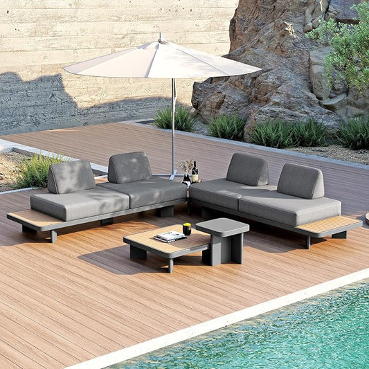 homary 5-Piece Modular Patio Sofa Set — Weather-Resistant Outdoor Conversation Set with Cushions, Configurable Design for Decks, Gardens, and Poolside, Grey, Without Umbrella