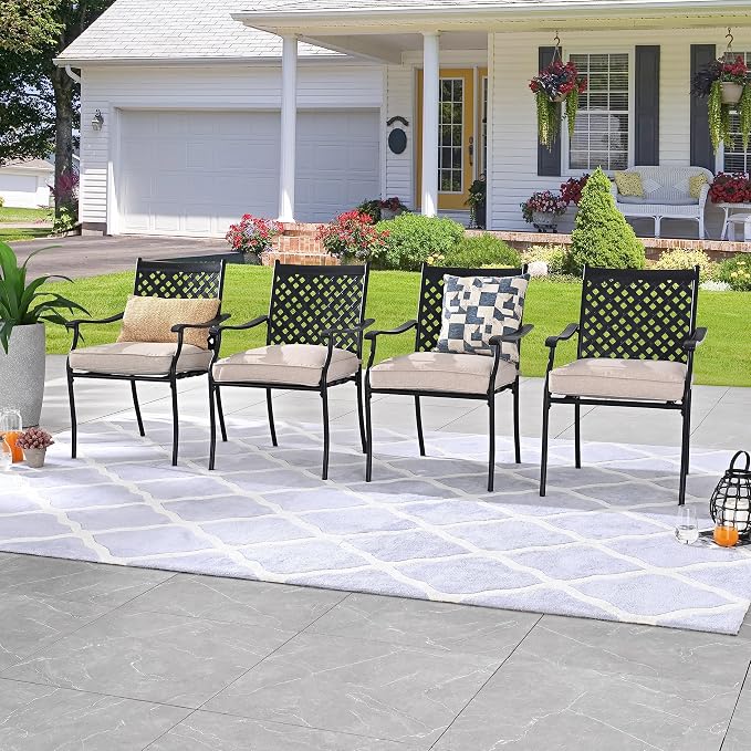 LOKATSE HOME Patio Dining Chairs Set of 4, Stackable Metal Wrought Iron Outdoor Chairs with Armrests & Thick Beige Cushions, All-Weather Heavy Duty Furniture for Garden, Backyard, Deck & Balcony