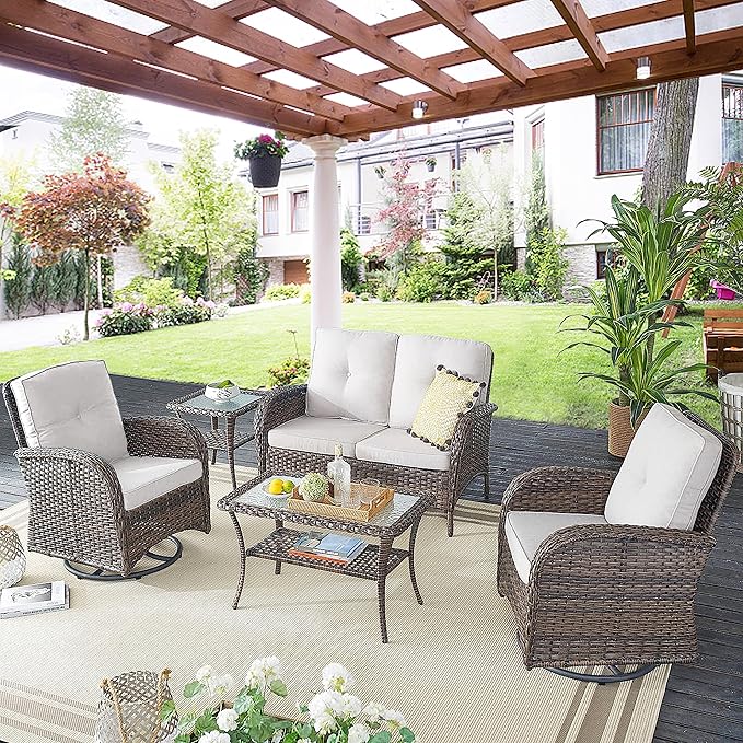 Belord Patio Furniture Swivel Glider PE Wicker Chairs, Outdoor Swivel Rocker Seating with Cushions for Porch Deck Balcony, Brown/Beige