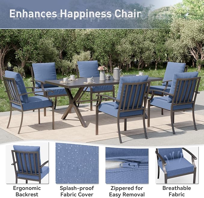 Kurapika 7 Piece Patio Dining Set Outdoor Furniture, Metal Patio Furniture Set 6 Fixed Chairs and Large Table with Umbrella Cutout for Deck Garden Yard Porch, Navy Blue