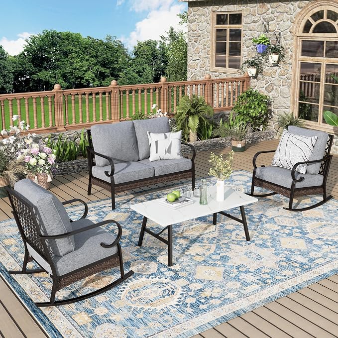 MIXPATIO Patio Furniture Set with Coffee Table, Outdoor Conversation Set with 2 x Rocking Chair, 1 x 2-Seat Sofa for Lawn Garden Backyard, Grey