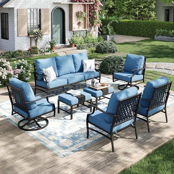MIXPATIO Patio Furniture Set 7 pcs, Outdoor Patio Furniture, 3-Seat Sofa, 2 Single Chairs, 2 Swivel Chairs, 2 Ottomans and 5.75" Extra Thick Cushion, Conversation Set for Deck,Navy Blue
