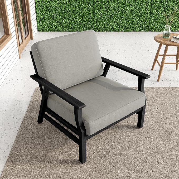 3 Piece Wood Patio Chair Outdoor Bistro Set, Outdoor Armchair All Weather Patio Sofa Furniture Backyard Conversation Sets with Dark Wooden Side Table, Light Camel