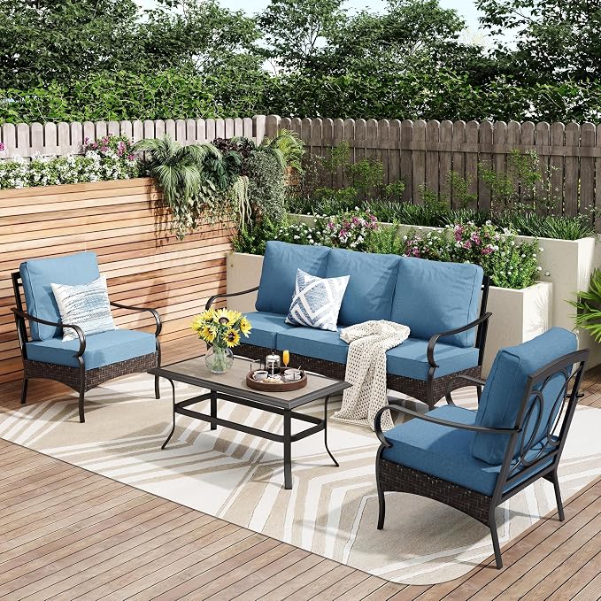 PHI VILLA Outdoor Modern Patio Furniture Set, Upgraded Wicker & Metal Patio Furniture Conversation Set with Waterproof Thick Cushions for Porch, Poolside, Yard (4 Pieces,Navy)