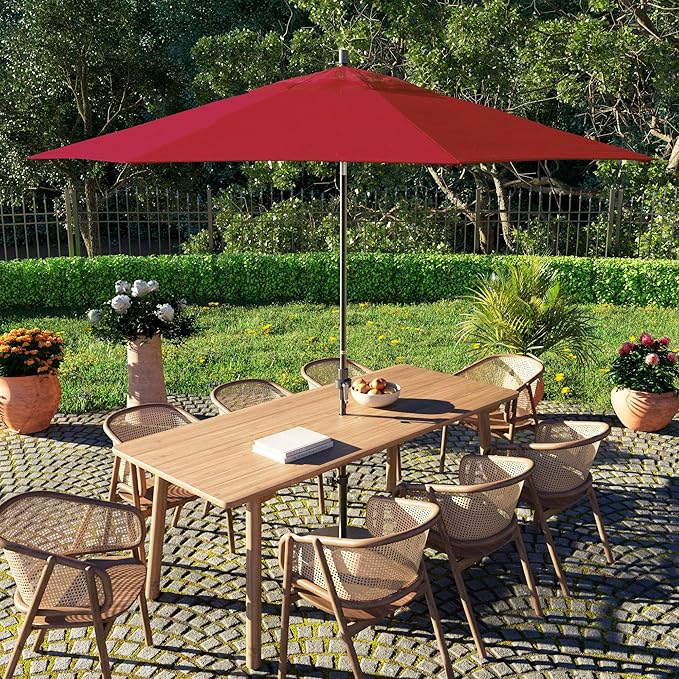 California Umbrella 11Ft Fiberglass Rib Patio Umbrella, Hand-Crank, Tilt-Collar, Gray Frame, Solution Dyed Red Fabric