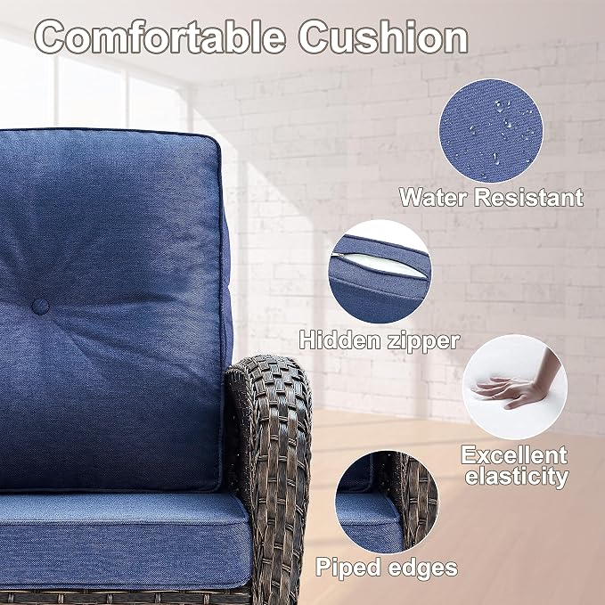 Belord Small Conversation Sets Patio Funiture - 5 Piece Outdoor Swivel Rocker Wicker Furniture Sets with Ottomans Side Table Perfect for Patio Deck Backyard, Brown Wicker Blue Cushion