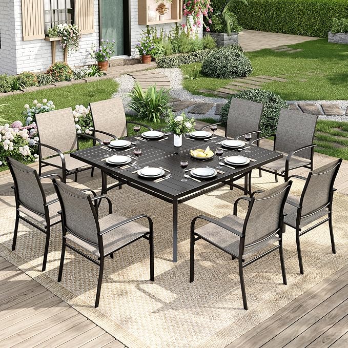 MIXPATIO 9 Pieces Patio Table and Chairs Set, Patio Dining Set for 8, 8 Brown Textilene Chairs and 57.5“ Large Square Patio Dining Table with Umbrella Hole, for Deck Backyard Lawn Poolside