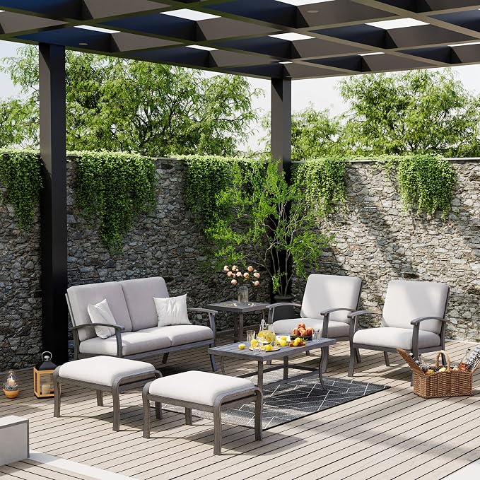 HAPPATIO 7 Piece Aluminum Patio Furniture Set, Outdoor Armchairs with Ottomans and Loveseat, Outdoor Sectional Sofa with Side Table and Coffee Table, Garden Conversation Set for Lawn(Gray)