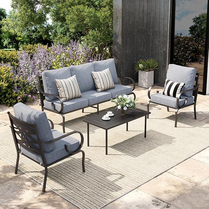 Sophia & William Patio Conversation Set for 5, 3-Seater Sofa, 2 Fixed Chairs and a Coffee Table, Metal Outdoor Furniture with 5.75" Extra Thick Cushions, Grey