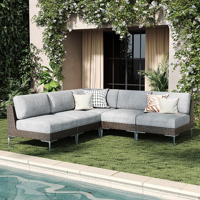LayinSun 5-Piece Wicker Rattan Patio Furniture Set, Deep Seating Outdoor Modular Sectional Sofa Conversation Set with Thick Cushions for Lawn, Garden