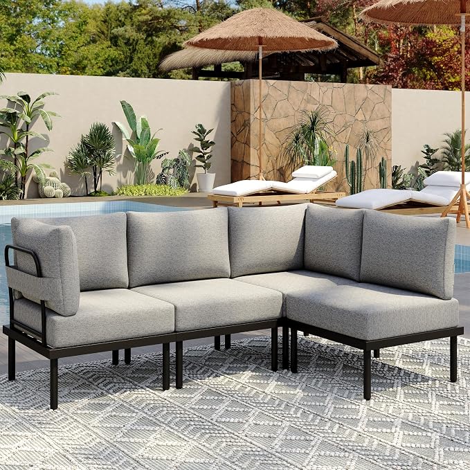 Sundale Outdoor 4 Pieces Patio Furniture Set, Metal Sectional Sofa Patio Conversation Set with 6 Inch Cushions, Modern Patio Corner Couch for Balcony, Porch, Sunroom (Grey/Dark Grey)