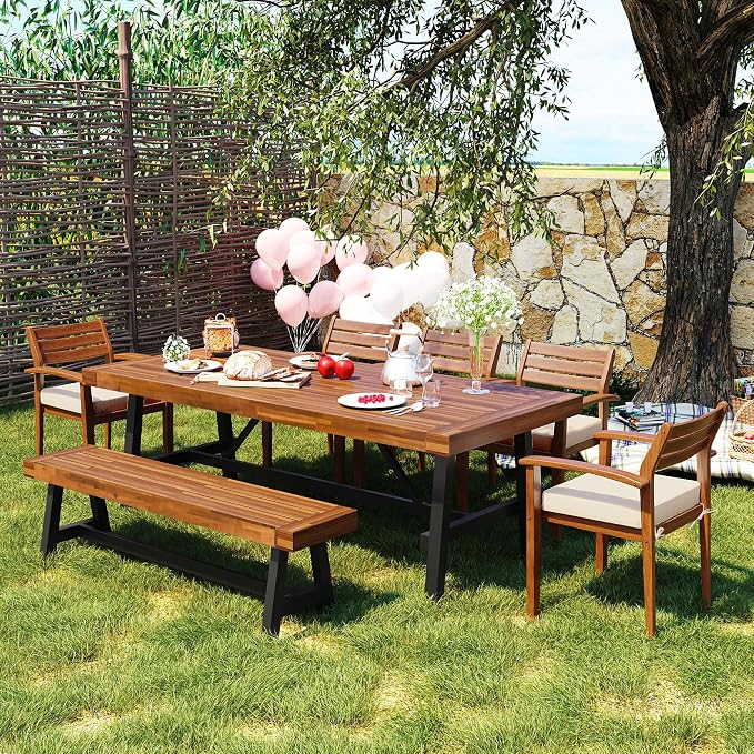 6-Pcs Outdoor Patio Dining Table & Chair & Bench Set for 6, Wooden Outdoor Dining Table Set with Removable Cushion, 6-Pcs, Wood