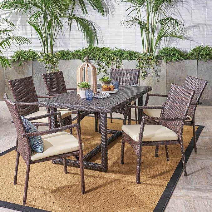 Christopher Knight Home Able Outdoor 7 Piece Wicker Dining Set, Multibrown with Crème Cushions