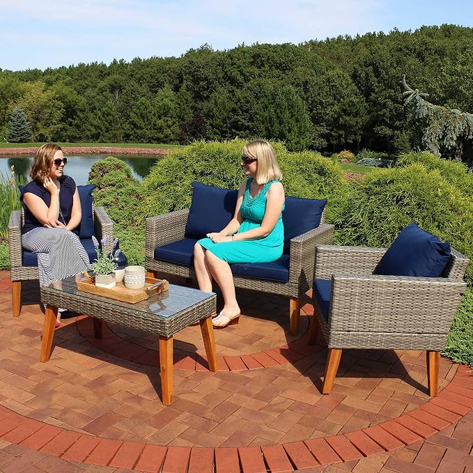 Sunnydaze Patio Furniture Set – 4 Piece Outdoor Conversation Set with Removable Cushions, Wicker Rattan Outdoor Loveseat and Chair Set for Backyard and Patio – Navy Blue
