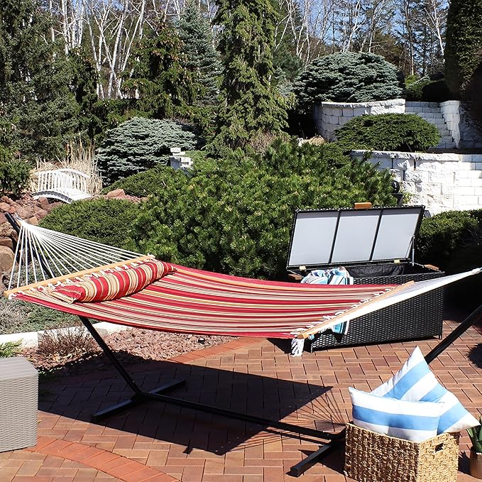 Sunnydaze Quilted Double Hammock for Outside with Spreader Bars and Pillow - 450 lb Capacity, 74x55 Inch Bed, UV Resistant, Quick Dry - Chains Included, Stand Sold Separately - Red Stripe