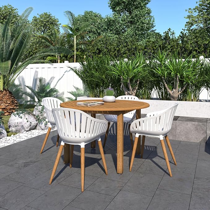 Urban Elements Nature 5-Piece Wood Patio Furniture Set | Teak Finish 100% FSC Eucalyptus | Backyard, Outside Table and Chairs, Round Outdoor Dining Set for 4, Patio Dining Set for 4 (White)