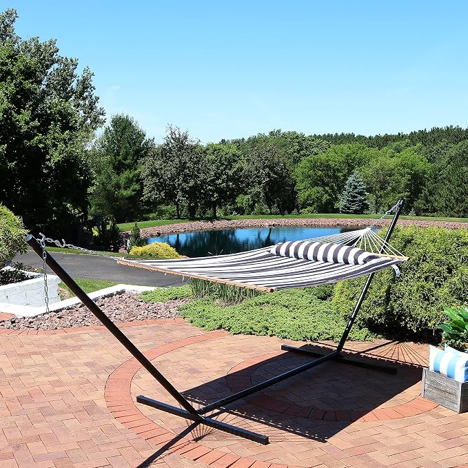 Sunnydaze Set of 2 Outdoor Quilted Fabric Hammocks - 2-Person Hammock with Spreader Bars - Black/White and Blue/Green
