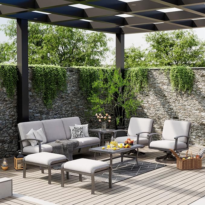 HAPPATIO 7 Piece Aluminum Patio Furniture Set, 3-Seat Outdoor Ottoman and Swivel Armchair, Outdoor Sectional Sofa with Side Table and Coffee Table, Garden Conversation Set for Lawn(Gray)