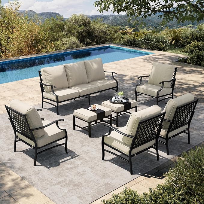 HERA'S HOUSE 7 Piece Patio Furniture Set, 4 x Fixed Metal Cushioned Chair, 2 x Cushioned Ottoman, 1 x 3-Seat Sofa, Outdoor Conversation Set for Lawn Garden Backyard Poolside