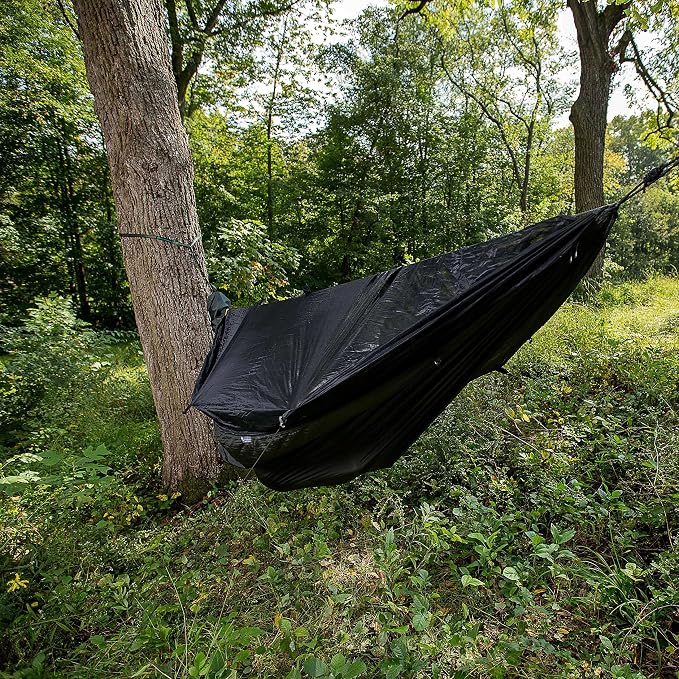 Go Camping Hammock 2.0 w/ Built-In Mosquito Net - Slate Gray by Go Outfitters: 11' Long X 64" Wide |Includes 2 Premium Aluminum Carabiners, Rapid Deployment Bag, 4 Stakes & 4 Shock Cords